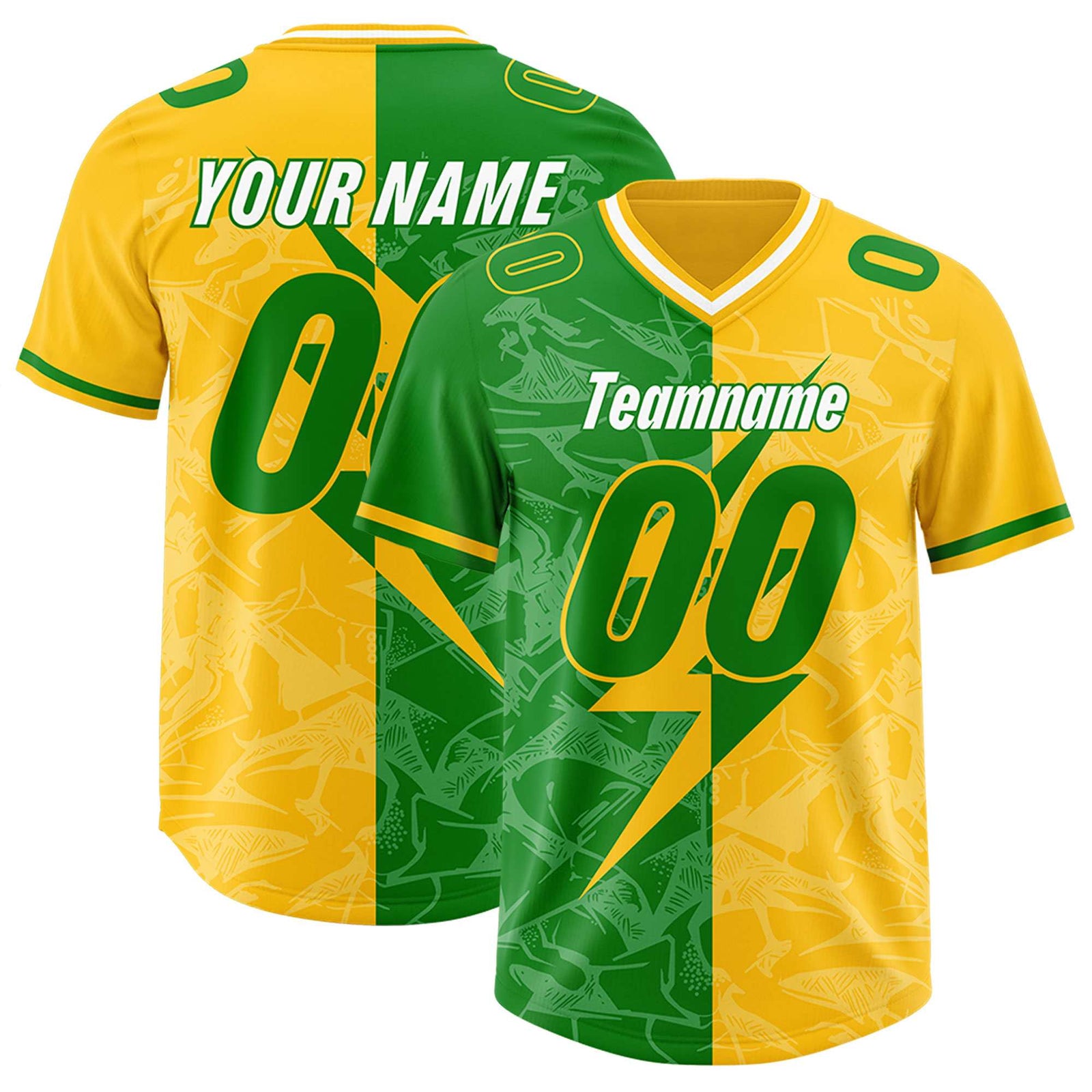 Custom Kelly Green Yellow Split Personalized Lightning Pattern Football Jersey