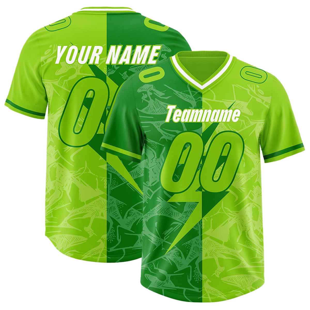 Custom Neon Green Kelly Green Split Personalized Lightning Pattern Football Jersey