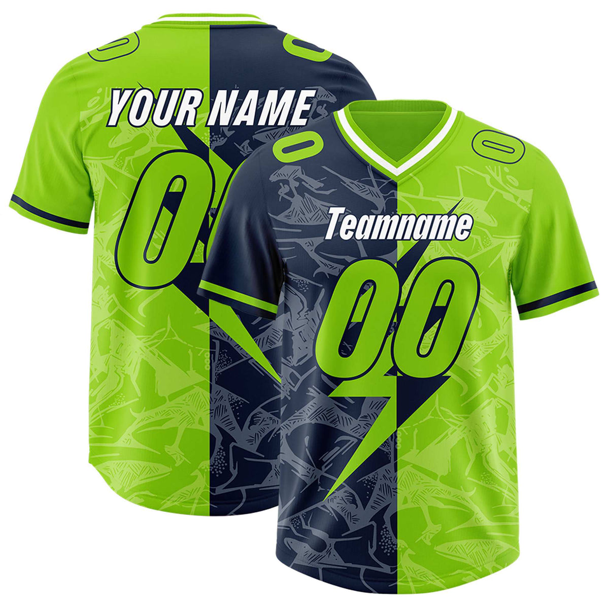Custom Neon Green Navy Split Personalized Lightning Pattern Football Jersey