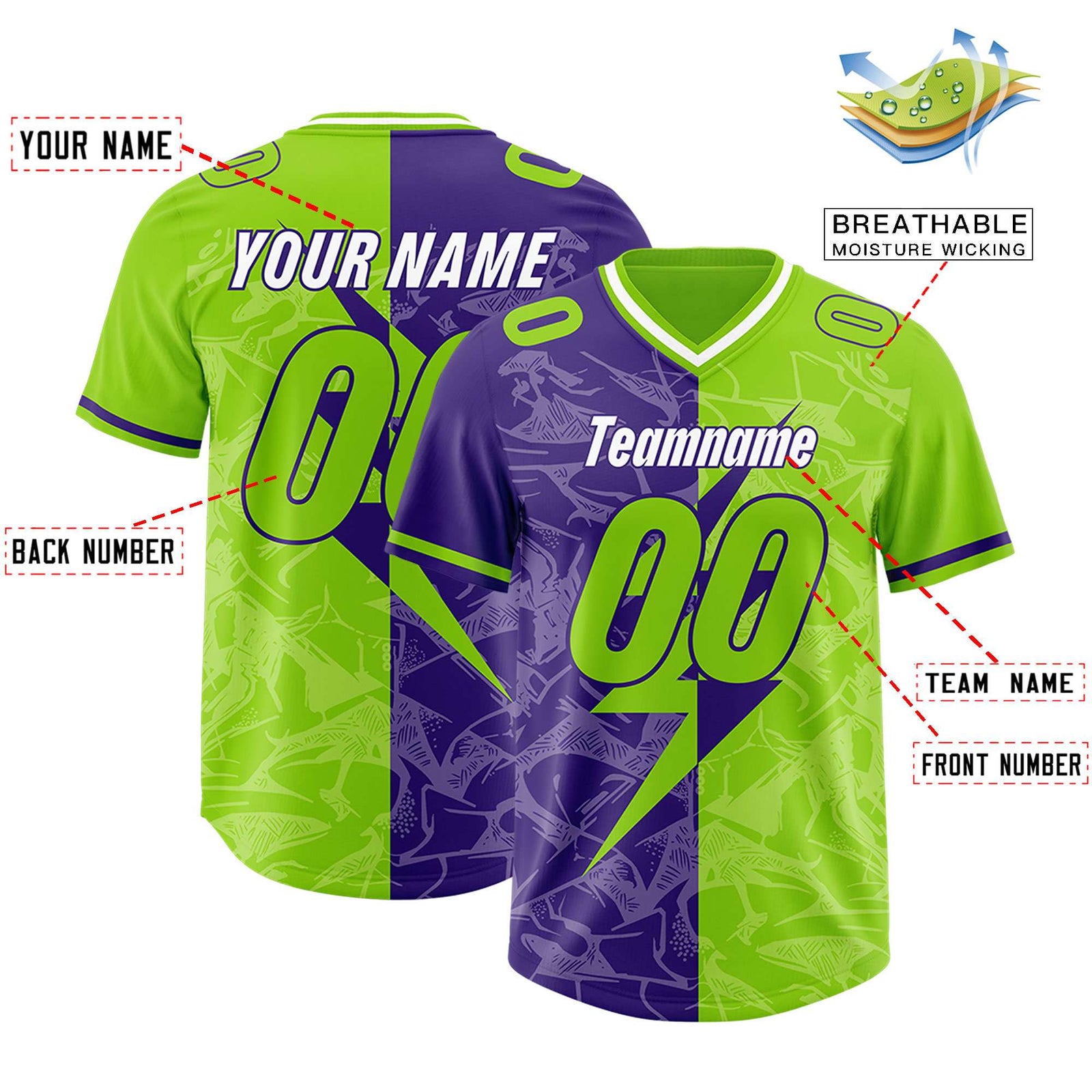 Custom Neon Green Purple Split Personalized Lightning Pattern Football Jersey