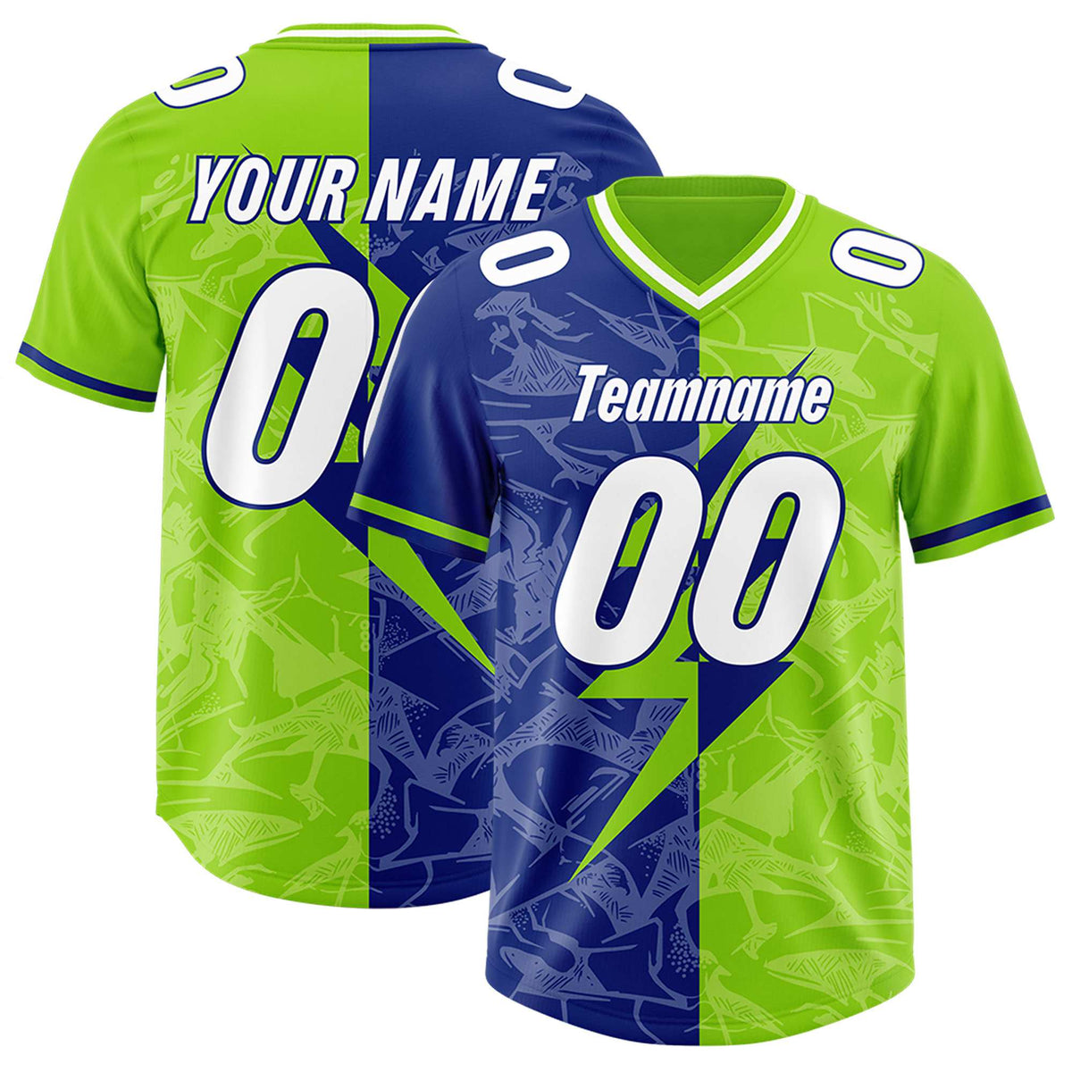 Custom Royal Neon Green Split Personalized Lightning Pattern Football Jersey