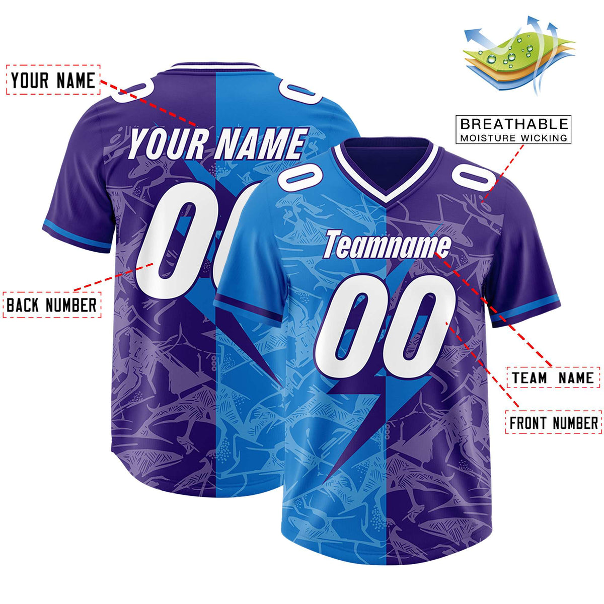Custom Panther Blue Purple Split Personalized Lightning Pattern Football Jersey