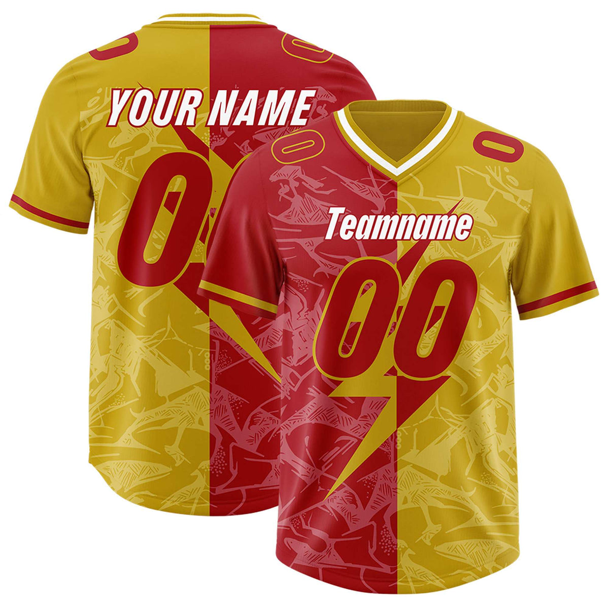 Custom Old Gold Red Split Personalized Lightning Pattern Football Jersey