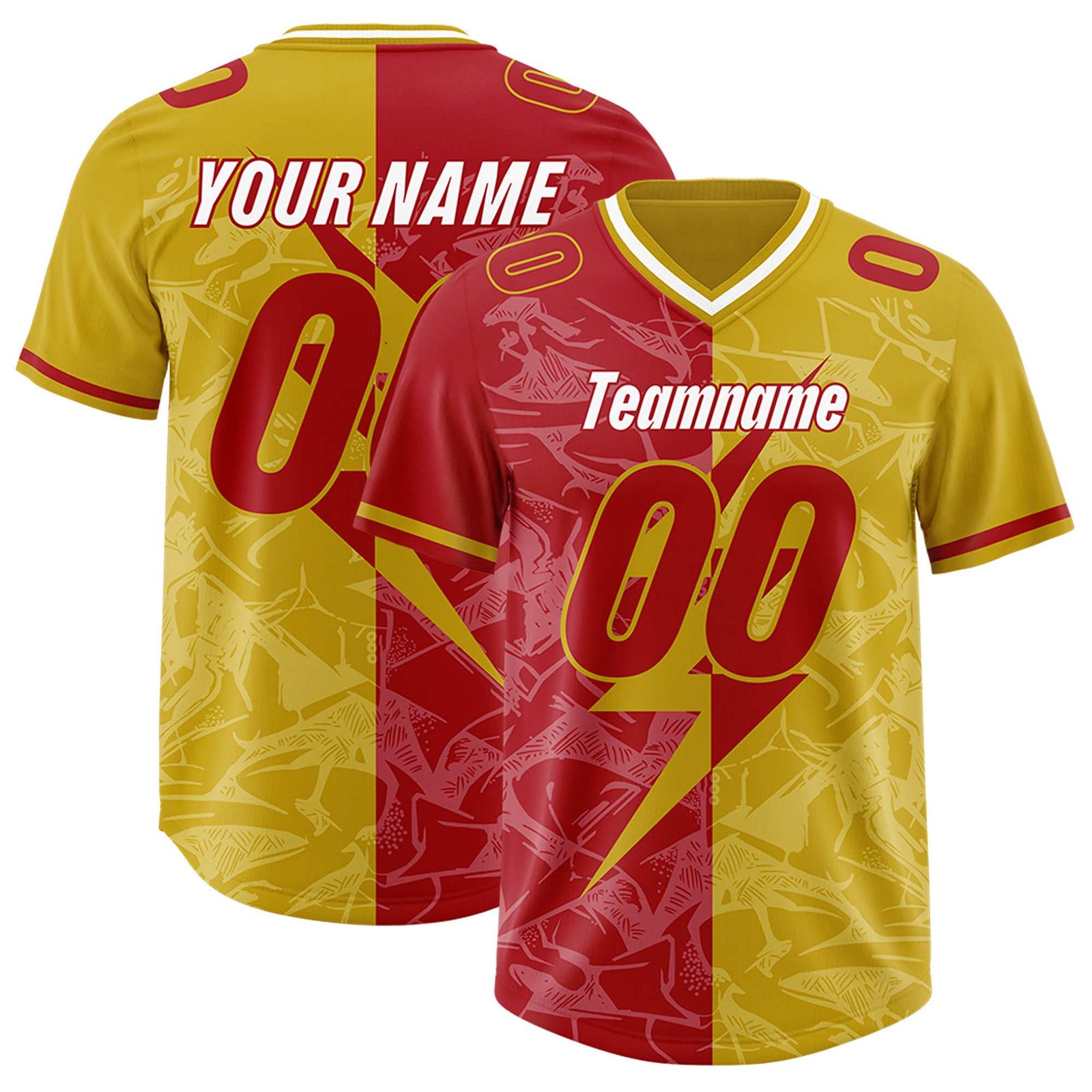 Custom Old Gold Red Split Personalized Lightning Pattern Football Jersey
