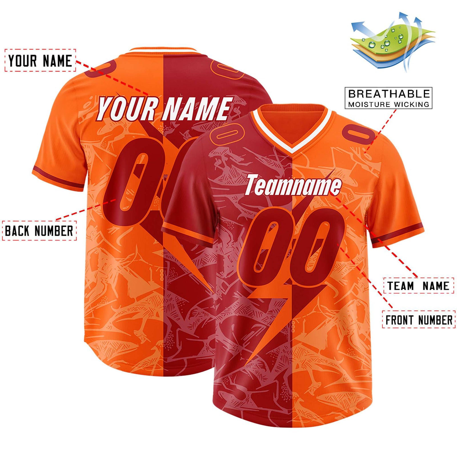 Custom Red Orange Split Personalized Lightning Pattern Football Jersey