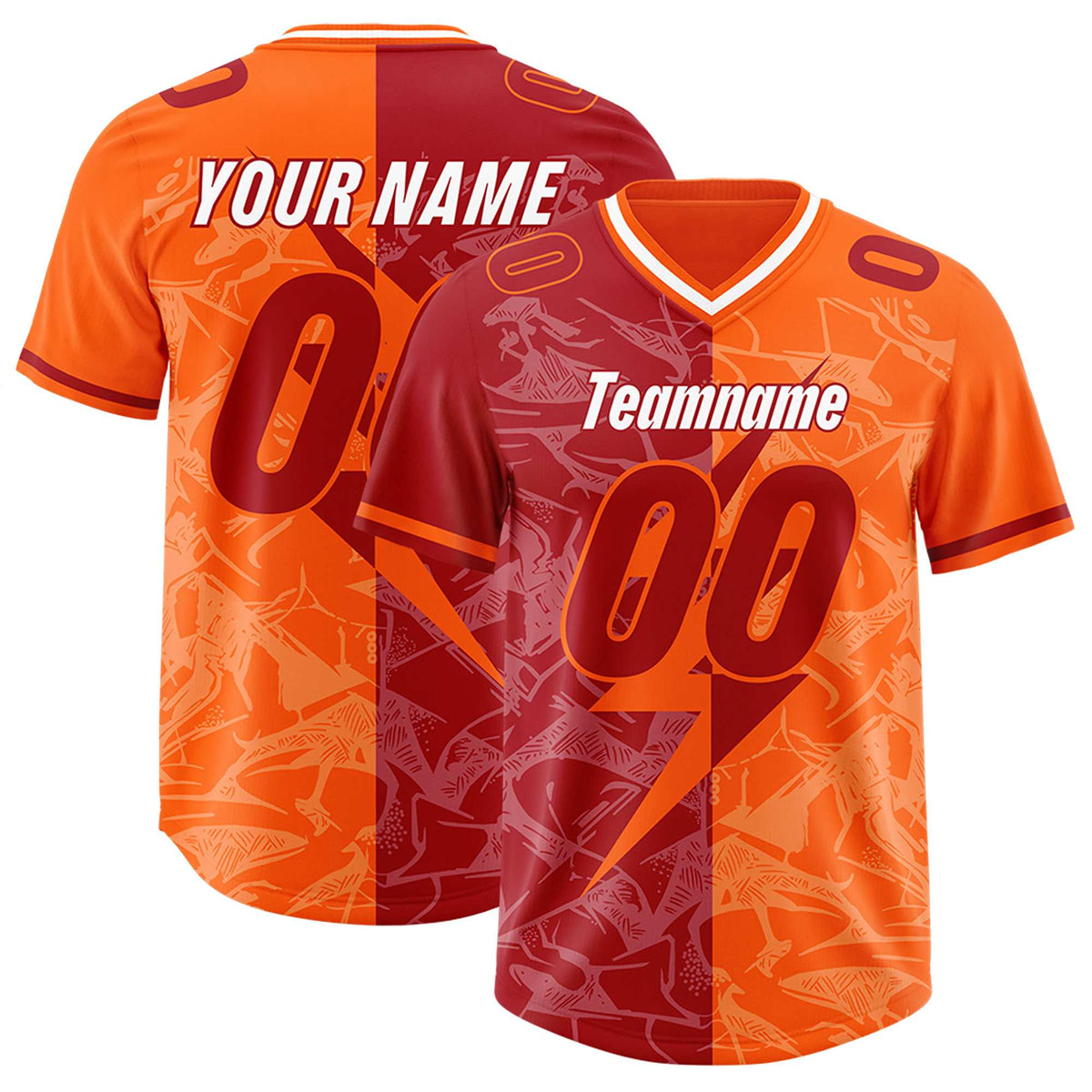 Custom Red Orange Split Personalized Lightning Pattern Football Jersey
