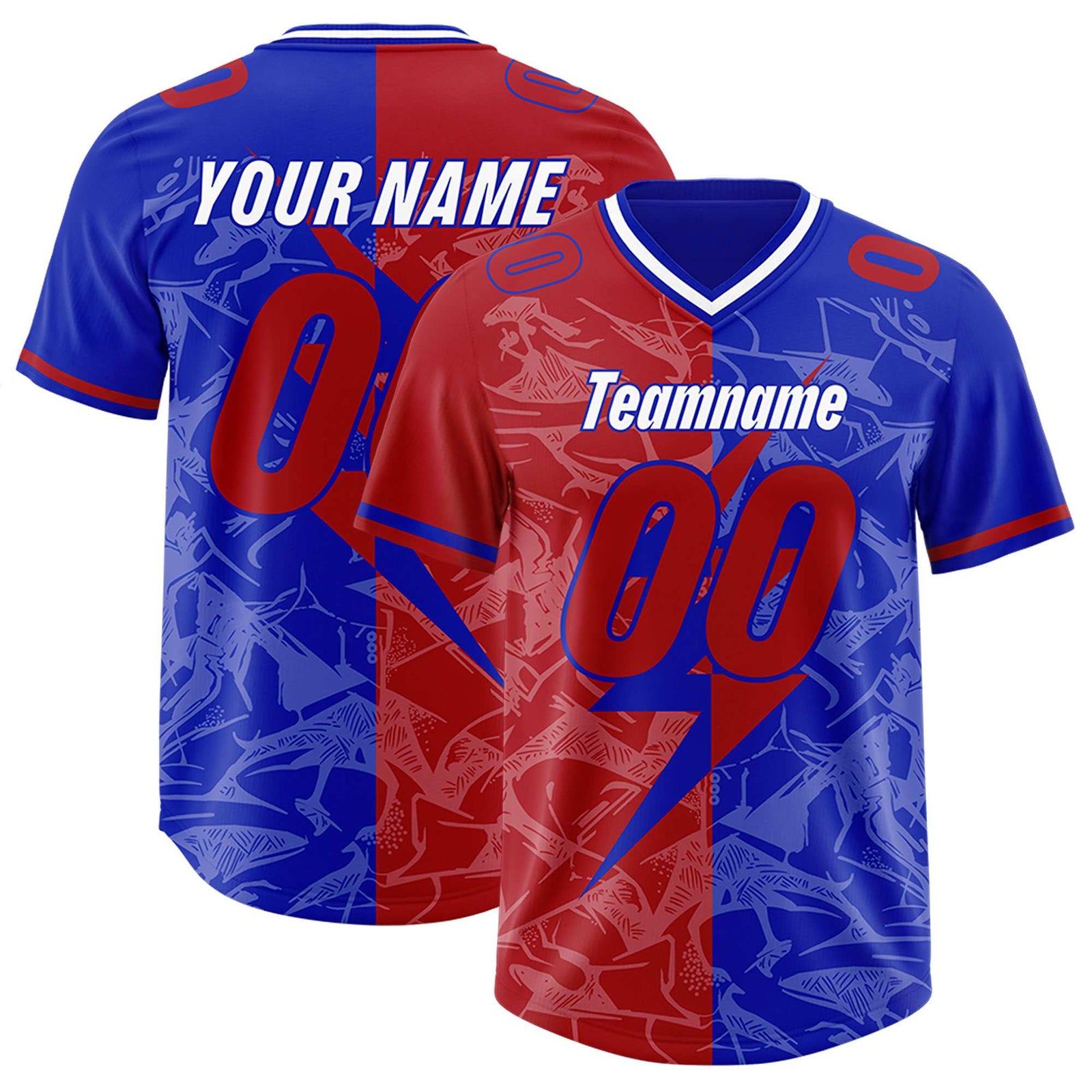 Custom Royal Red Split Personalized Lightning Pattern Football Jersey