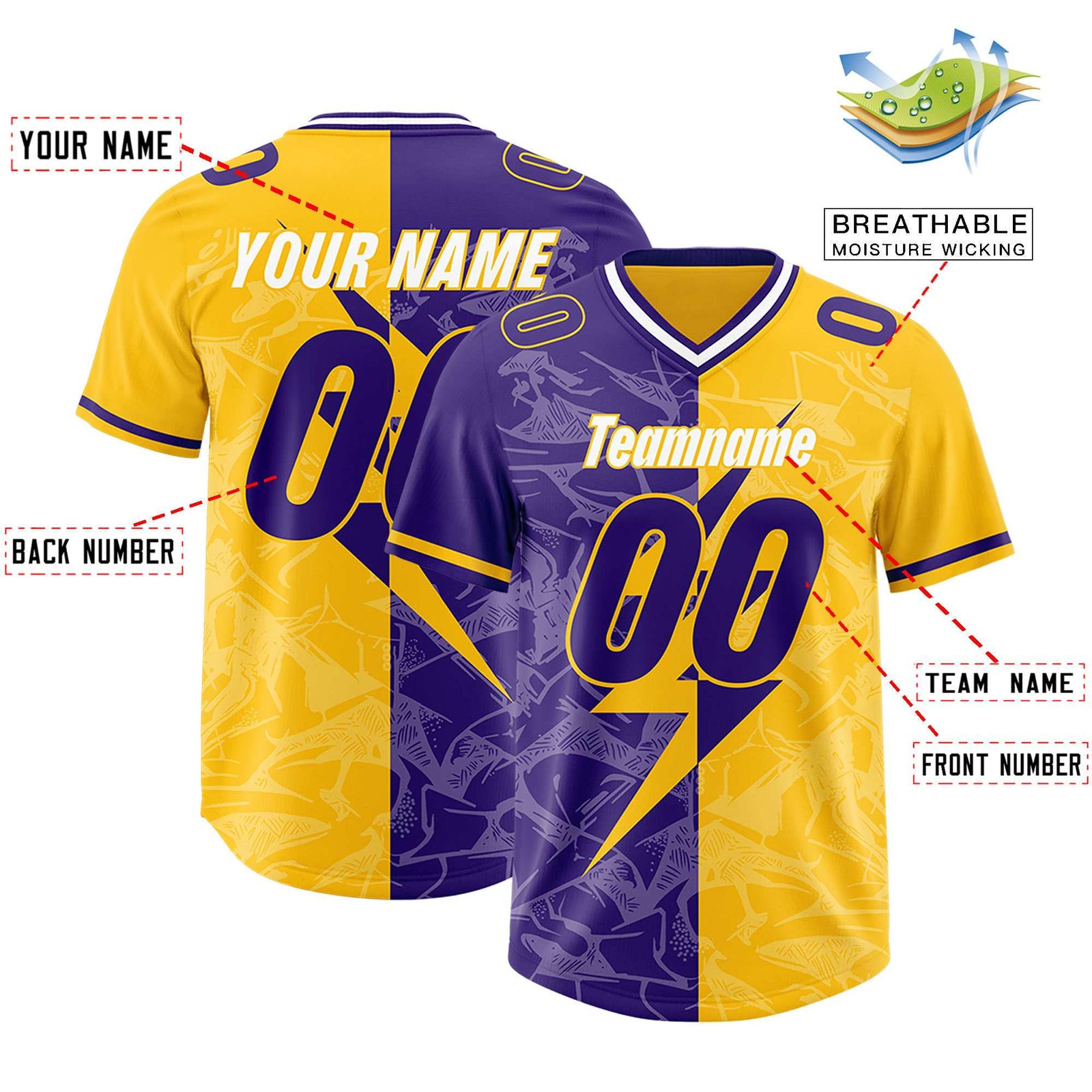 Custom Yellow Purple Split Personalized Lightning Pattern Football Jersey