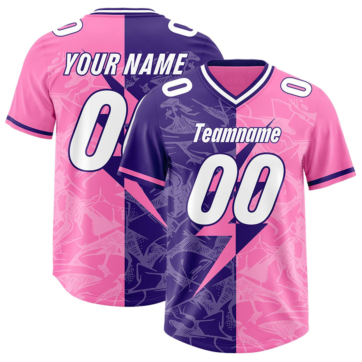 Custom Pink Purple Split Personalized Lightning Pattern Football Jersey