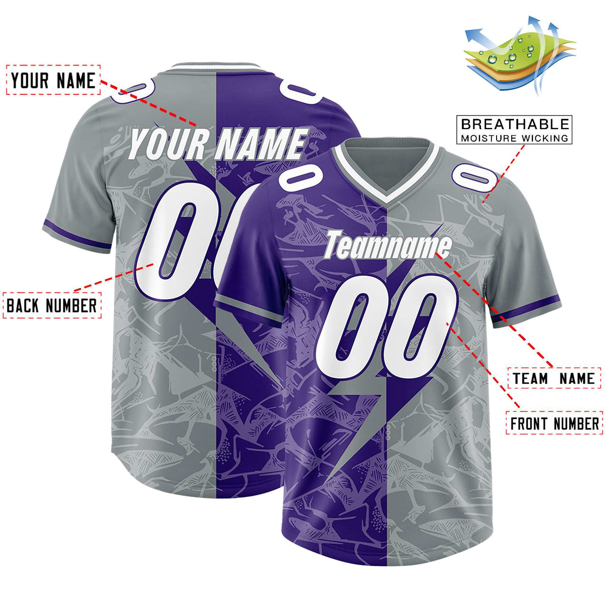 Custom Purple Gray Split Personalized Lightning Pattern Football Jersey