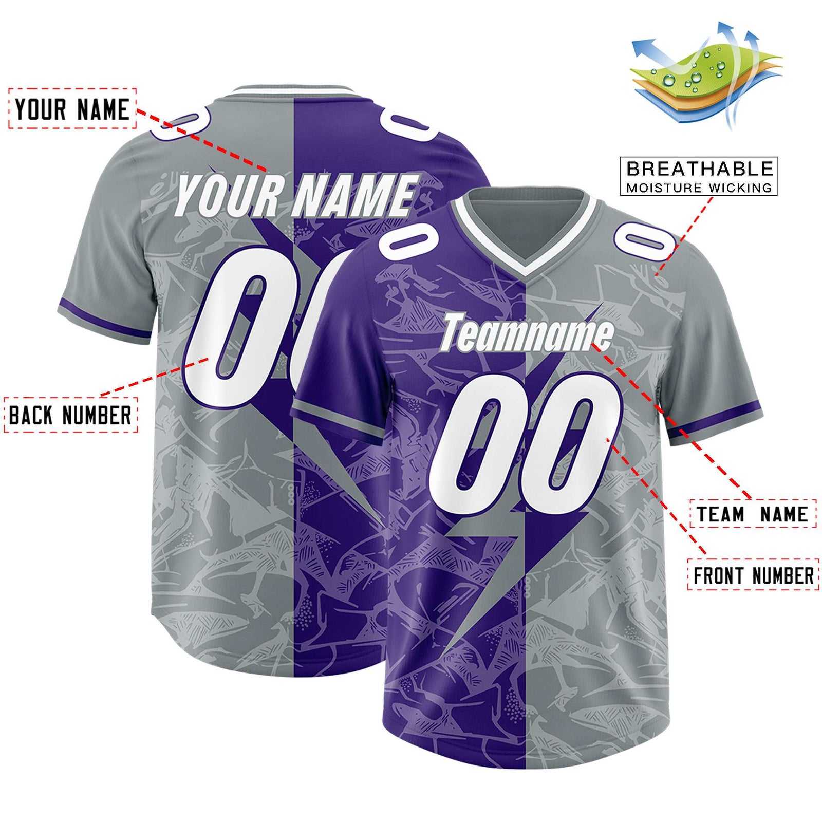 Custom Purple Gray Split Personalized Lightning Pattern Football Jersey