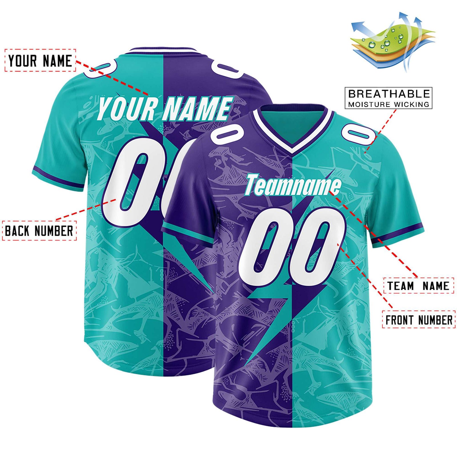Custom Aqua Purple Split Personalized Lightning Pattern Football Jersey