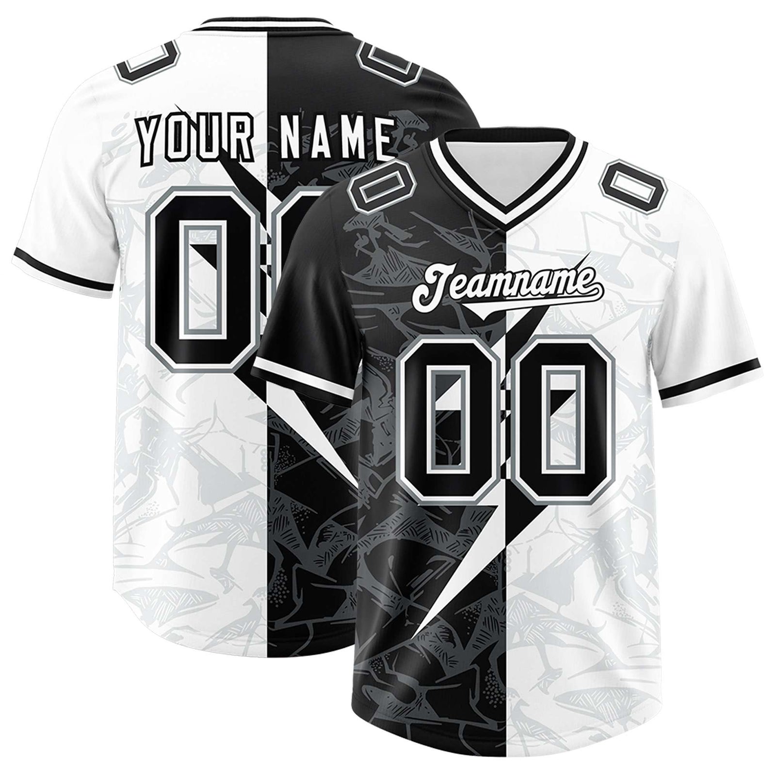 Custom White Black Split Personalized Lightning Pattern Football Jersey