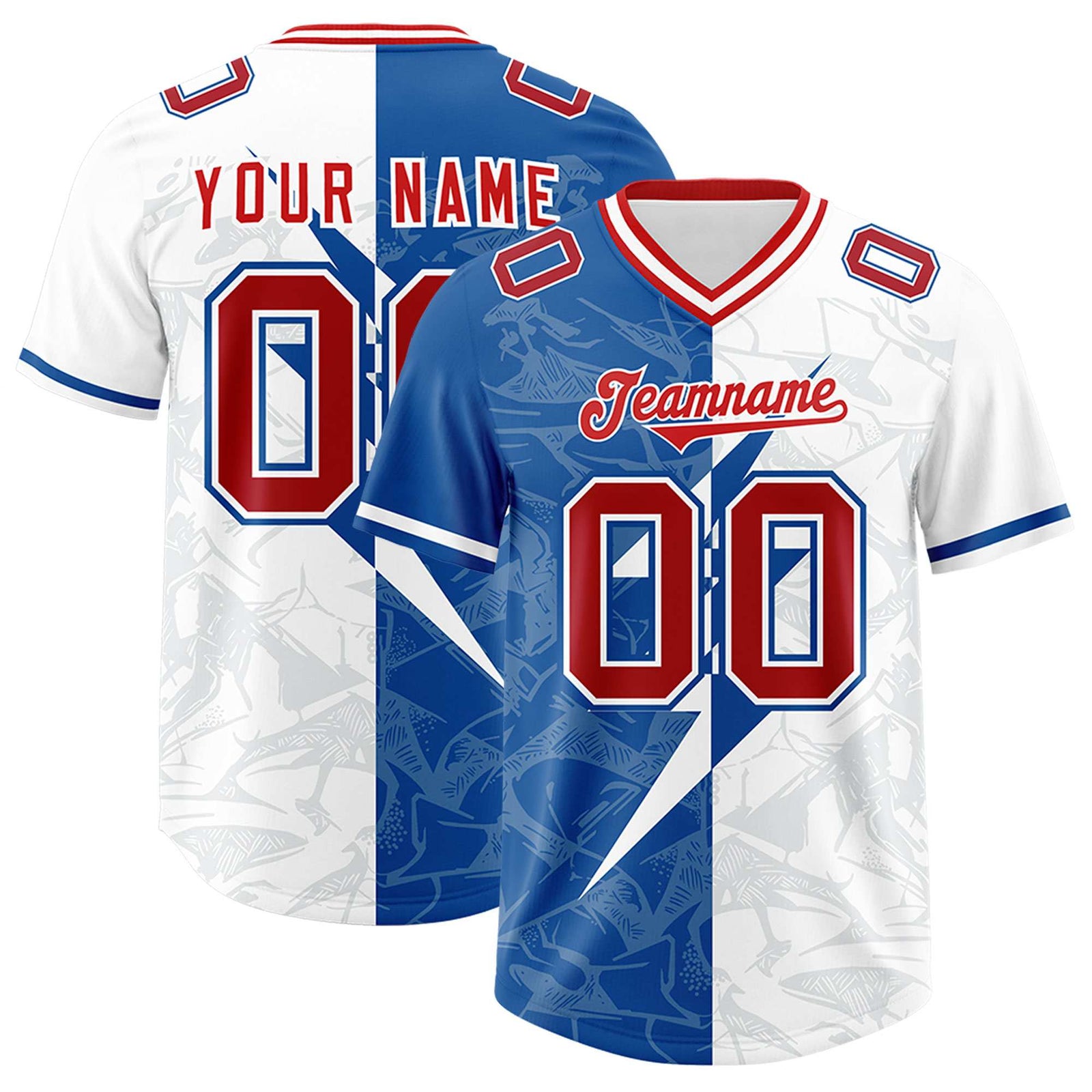 Custom White Royal Split Personalized Lightning Pattern Football Jersey