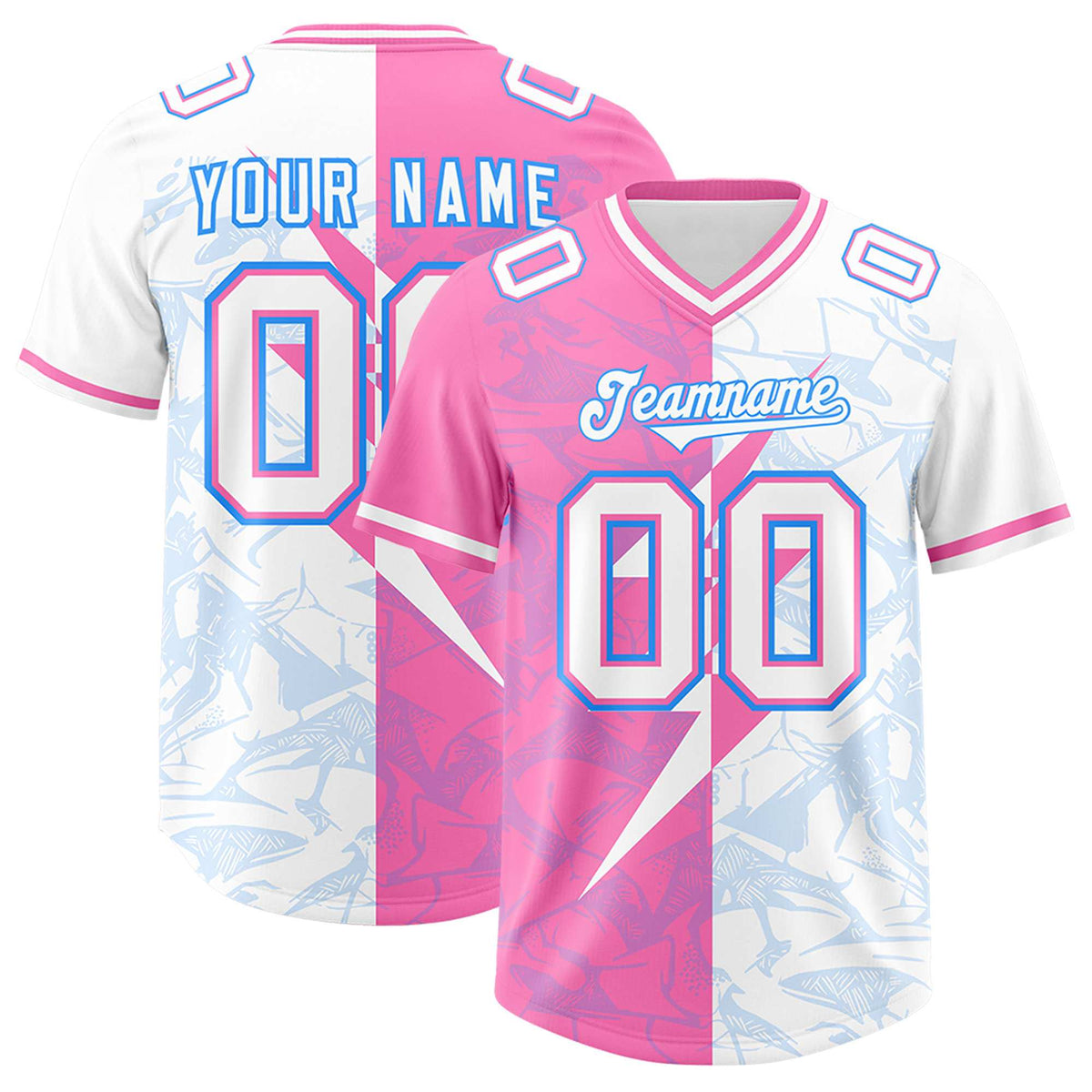 Custom White Pink Split Personalized Lightning Pattern Football Jersey