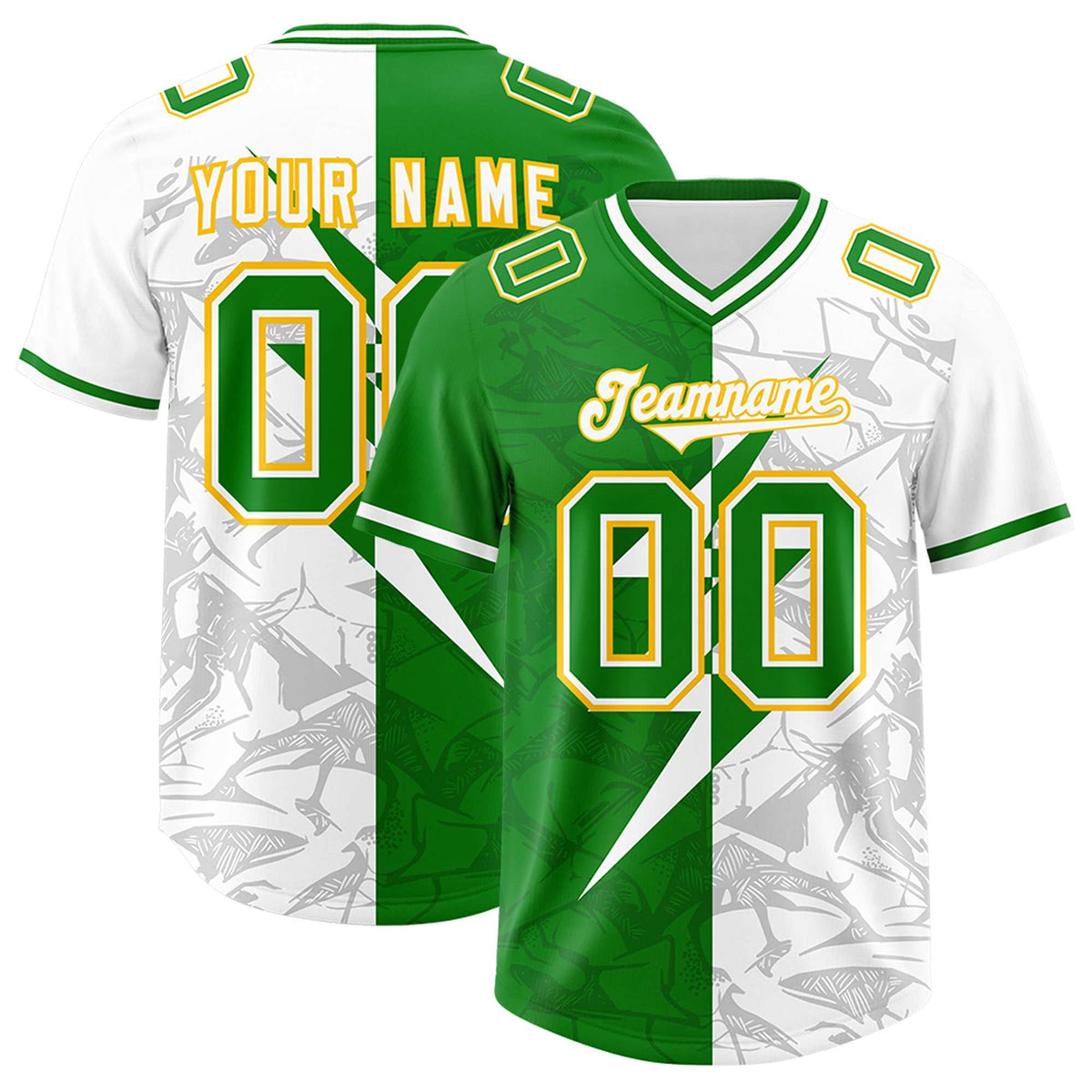 Custom Kelly Green White Split Personalized Lightning Pattern Football Jersey