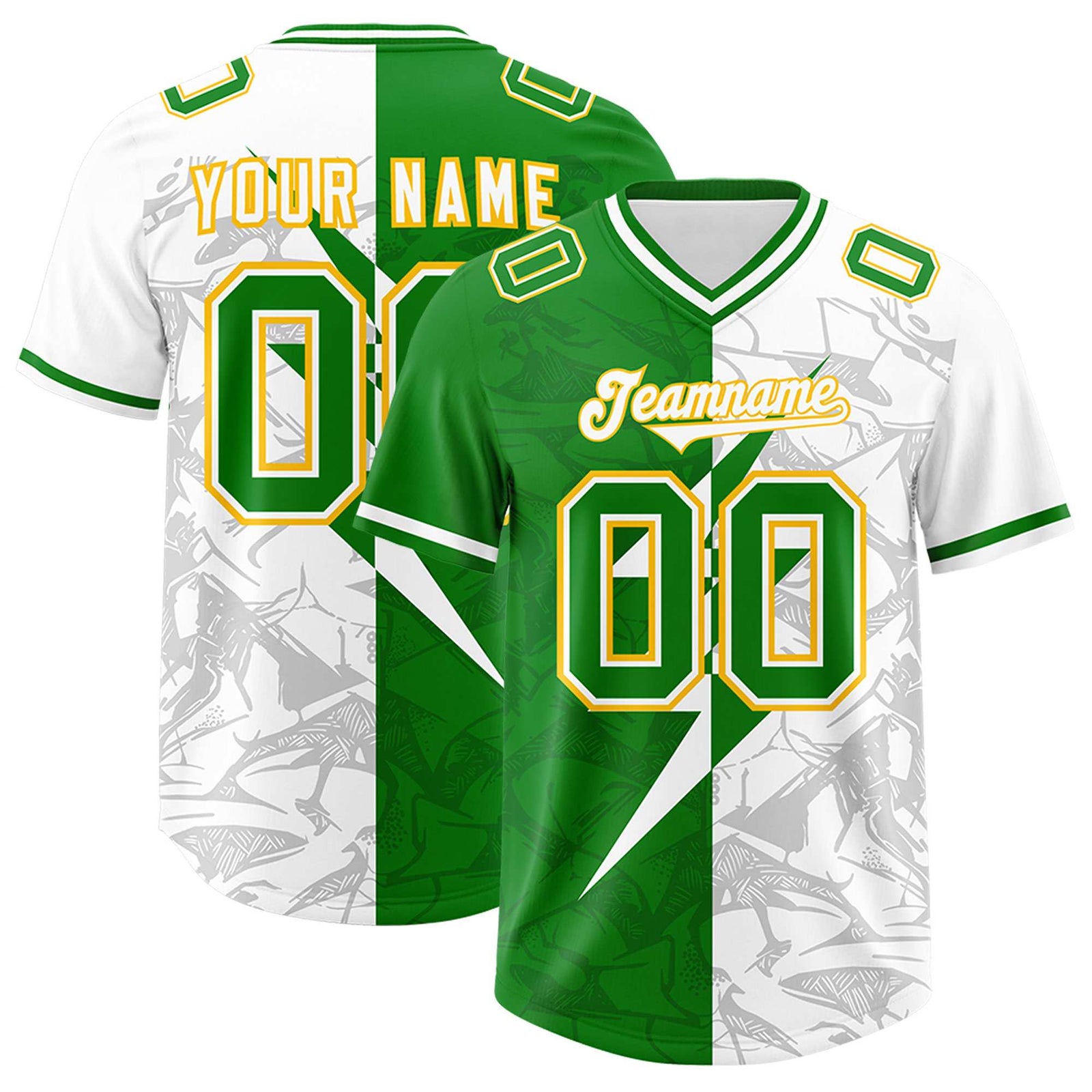 Custom Kelly Green White Split Personalized Lightning Pattern Football Jersey