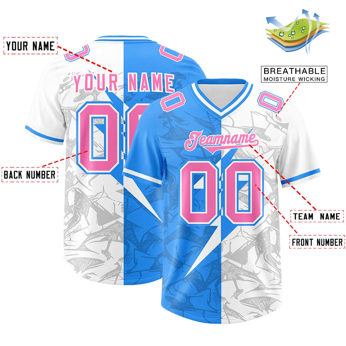 Custom Light Blue White Split Personalized Lightning Pattern Football Jersey