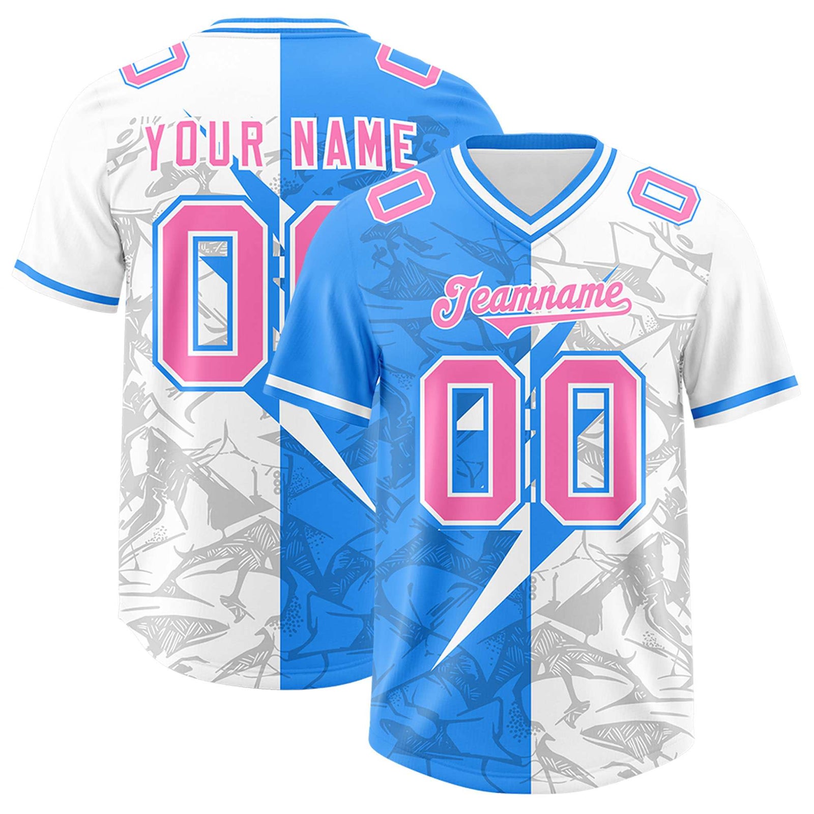 Custom Light Blue White Split Personalized Lightning Pattern Football Jersey