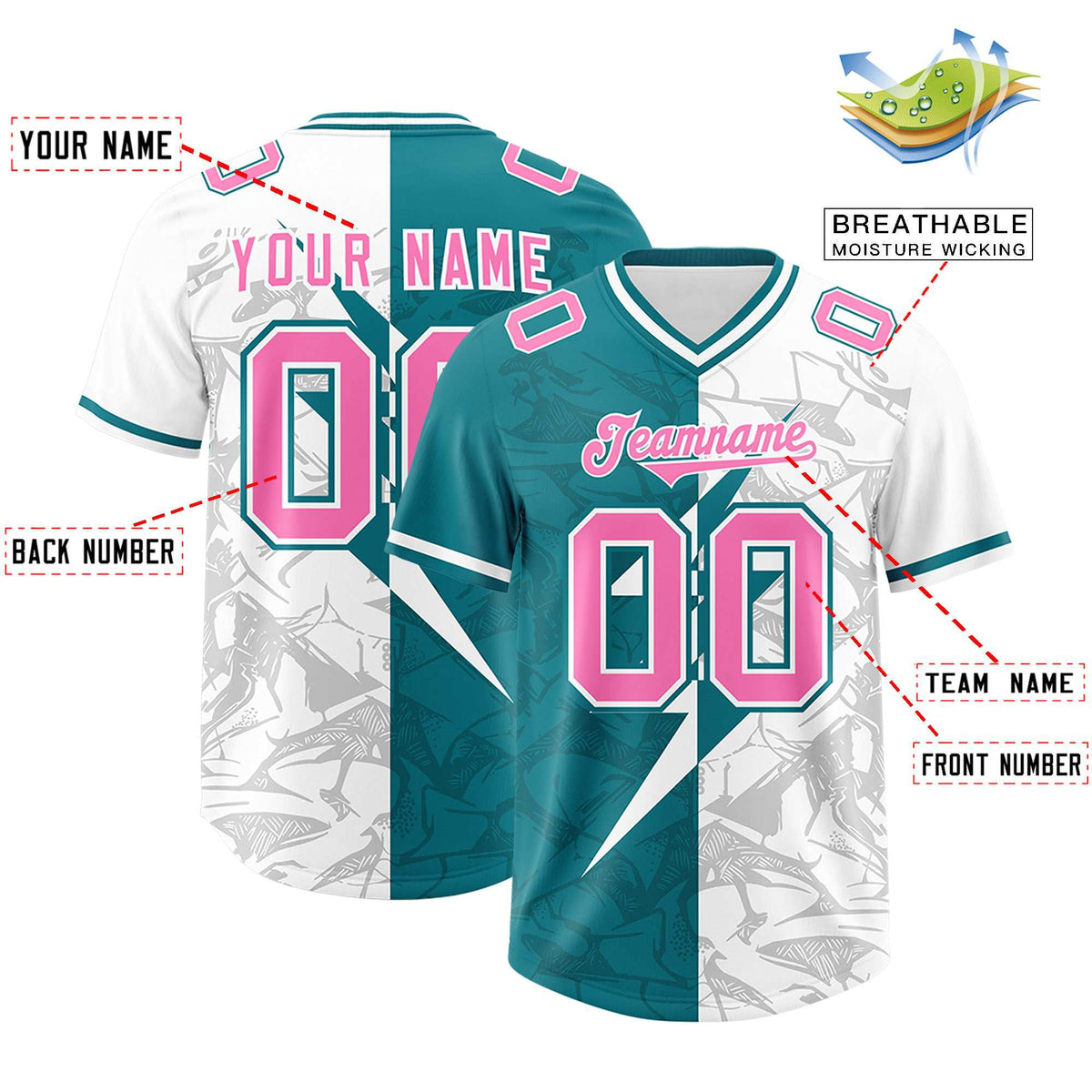 Custom Aqua White Split Personalized Lightning Pattern Football Jersey