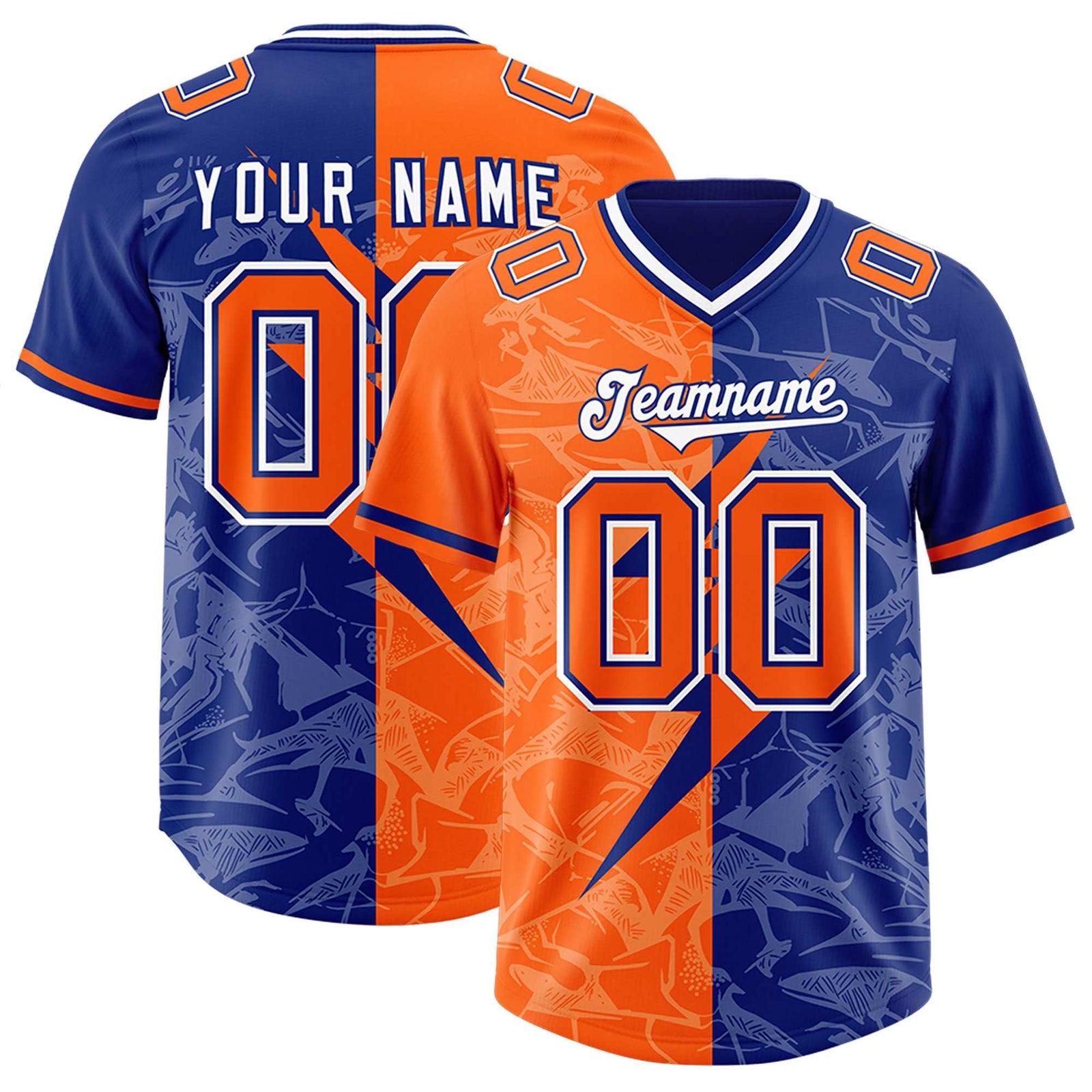 Custom Orange Royal Split Personalized Lightning Pattern Football Jersey