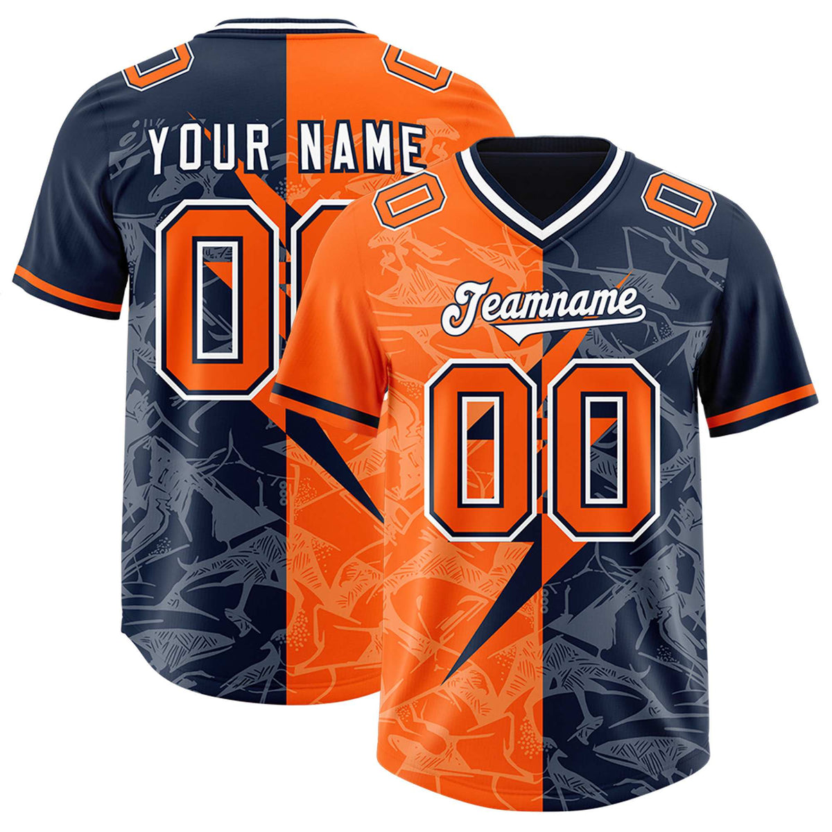 Custom Orange Navy Split Personalized Lightning Pattern Football Jersey
