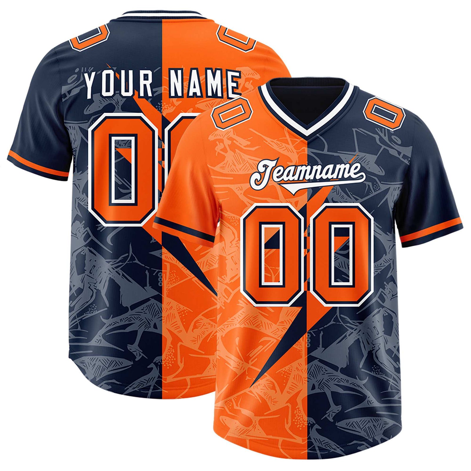 Custom Orange Navy Split Personalized Lightning Pattern Football Jersey