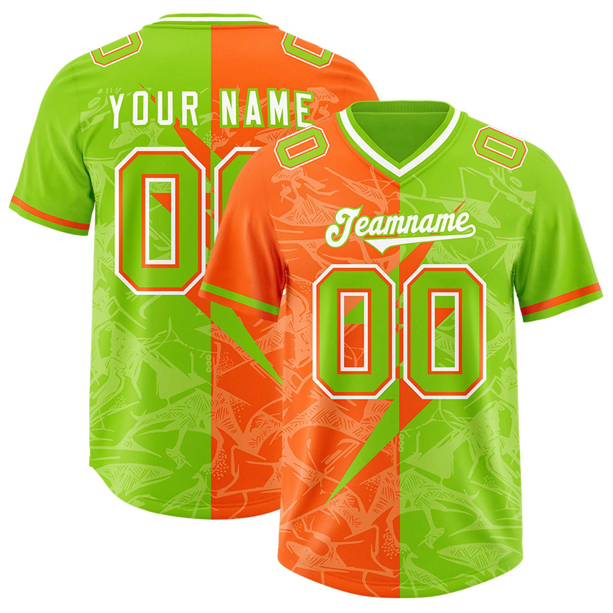 Custom Neon Green Orange Split Personalized Lightning Pattern Football Jersey