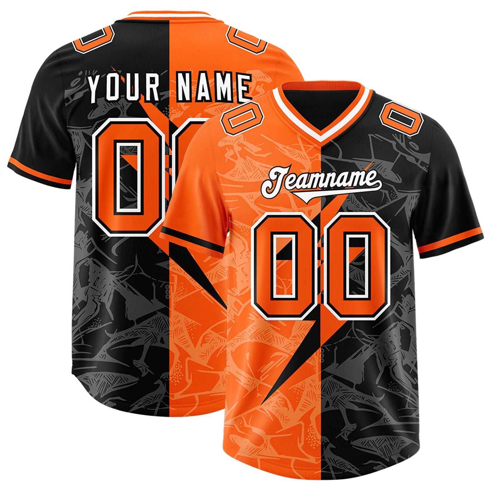 Custom Black Orange Split Personalized Lightning Pattern Football Jersey