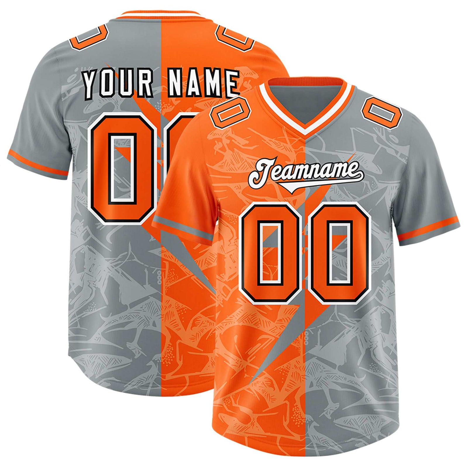 Custom Grey Orange Split Personalized Lightning Pattern Football Jersey