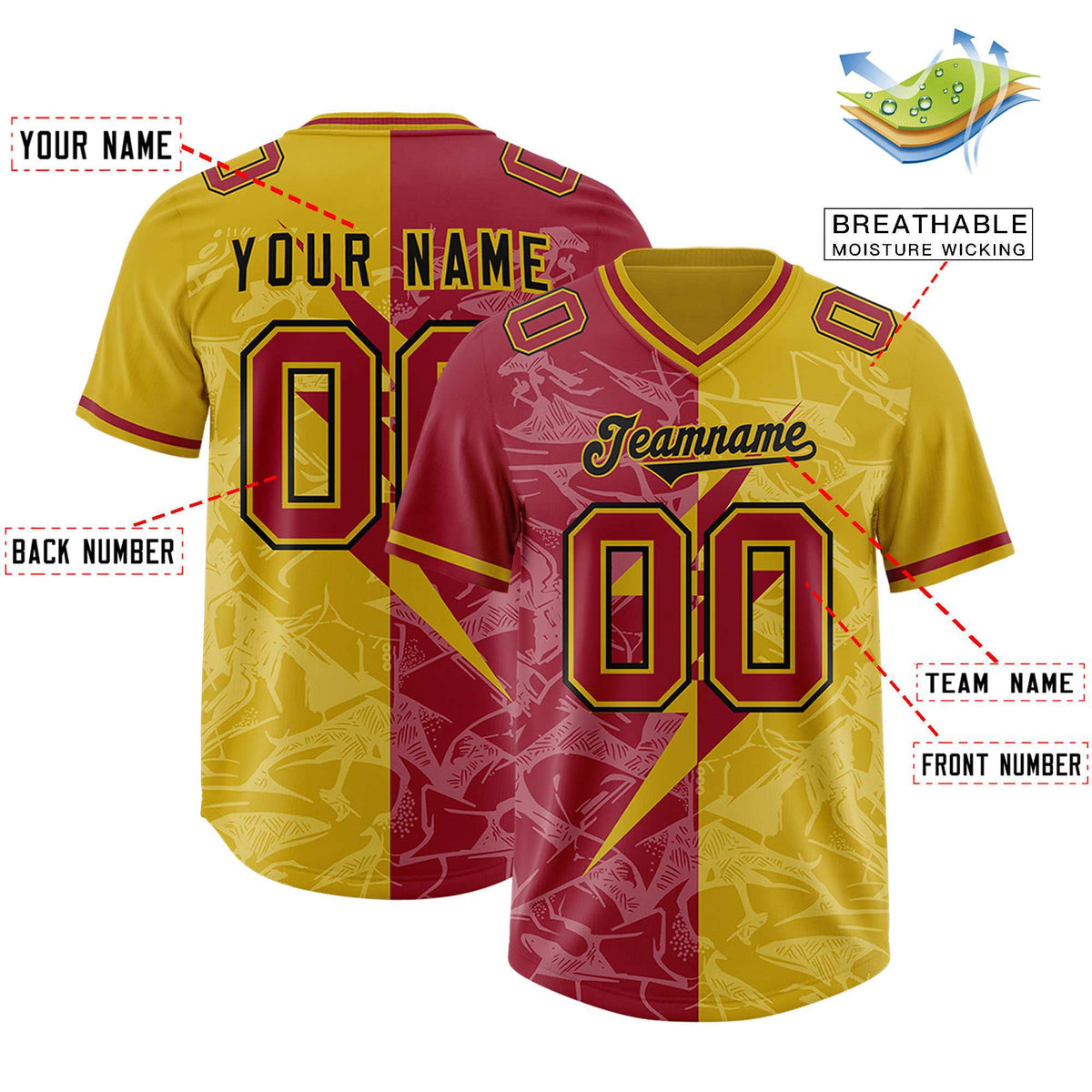 Custom Old Gold Cardinal Split Personalized Lightning Pattern Football Jersey