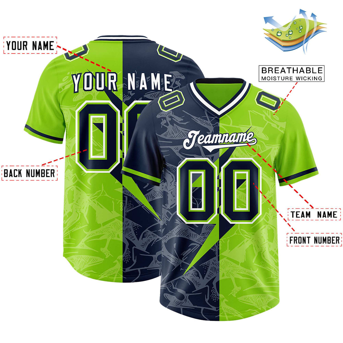 Custom Neon Green Navy Split Personalized Lightning Pattern Football Jersey