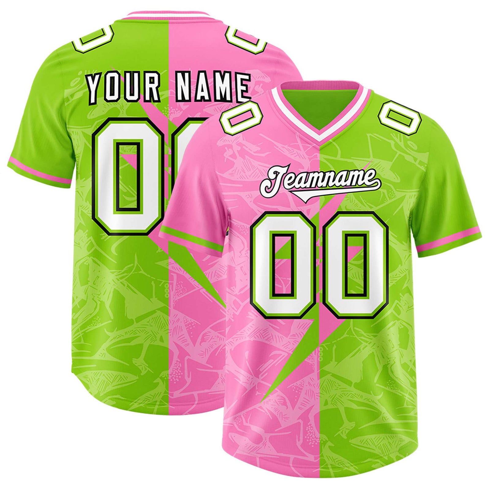 Custom Neon Green Pink Split Personalized Lightning Pattern Football Jersey