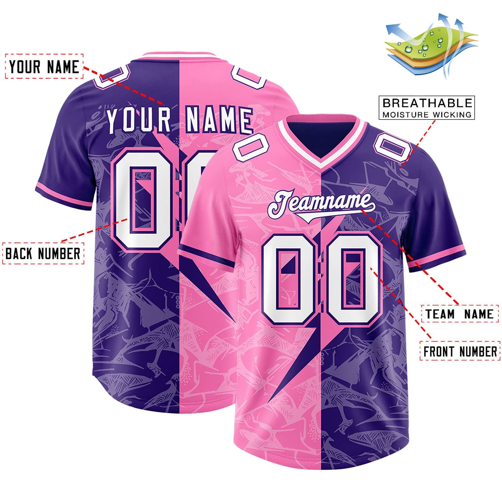 Custom Purple Pink Split Personalized Lightning Pattern Football Jersey