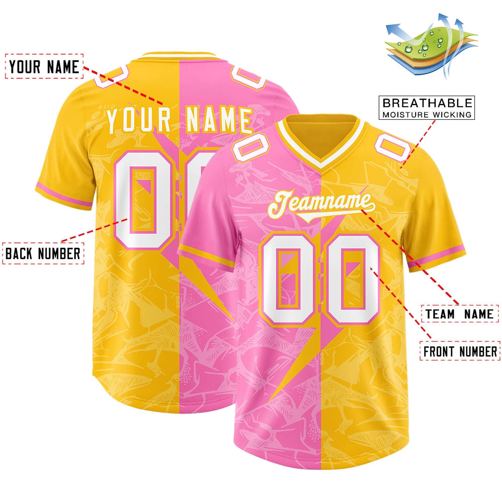 Custom Yellow Pink Split Personalized Lightning Pattern Football Jersey