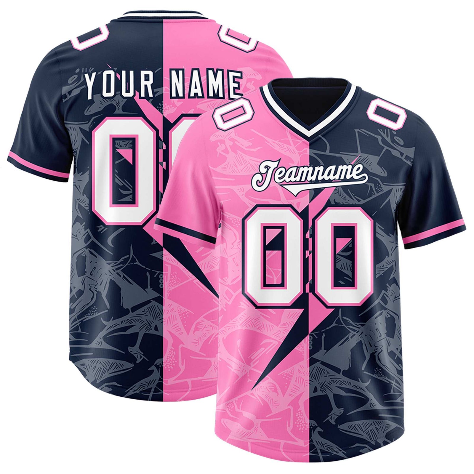 Custom Navy Pink Split Personalized Lightning Pattern Football Jersey