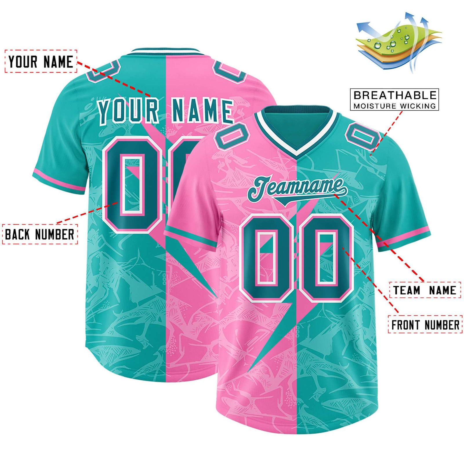 Custom Aqua Pink Split Personalized Lightning Pattern Football Jersey