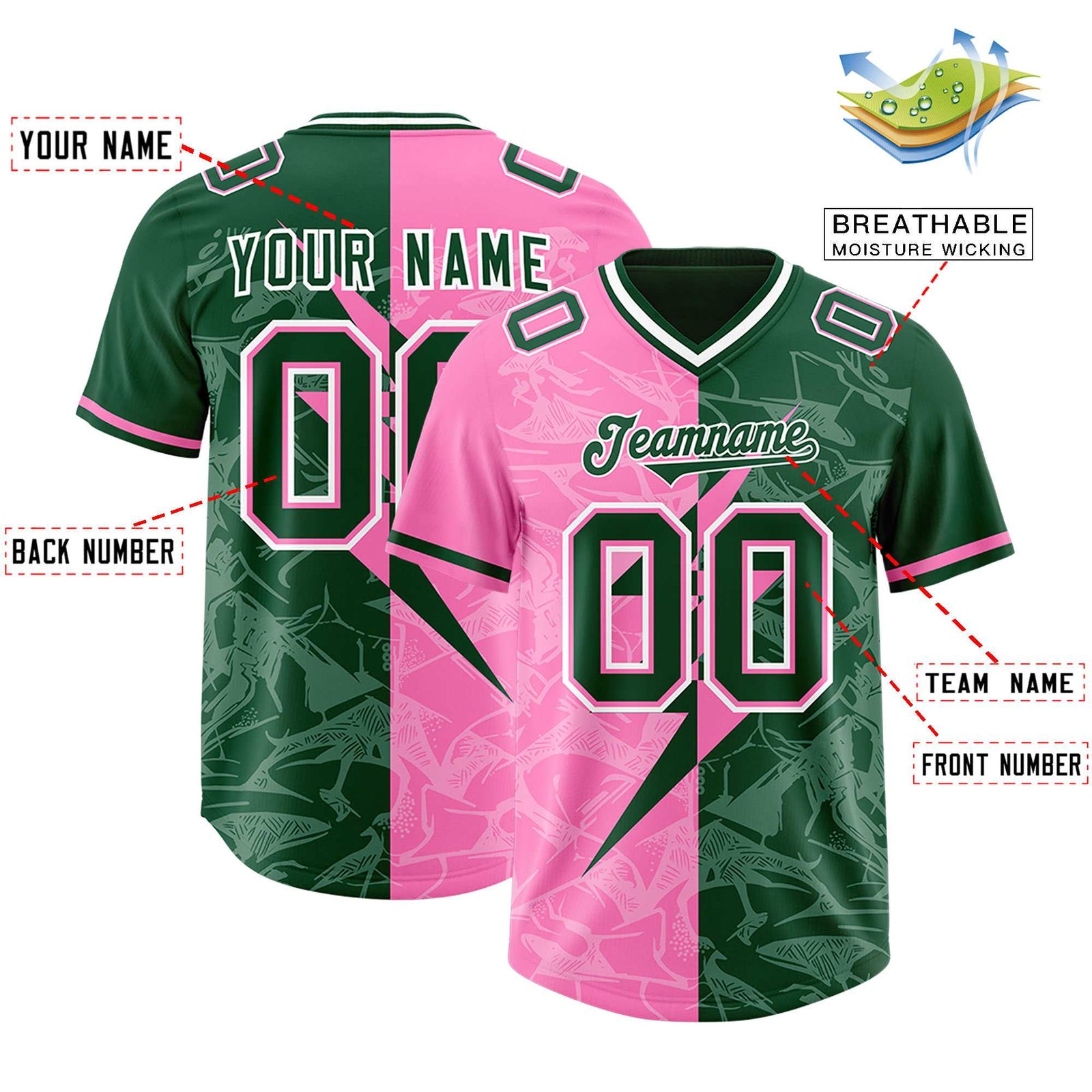 Custom Pink Green Split Personalized Lightning Pattern Football Jersey