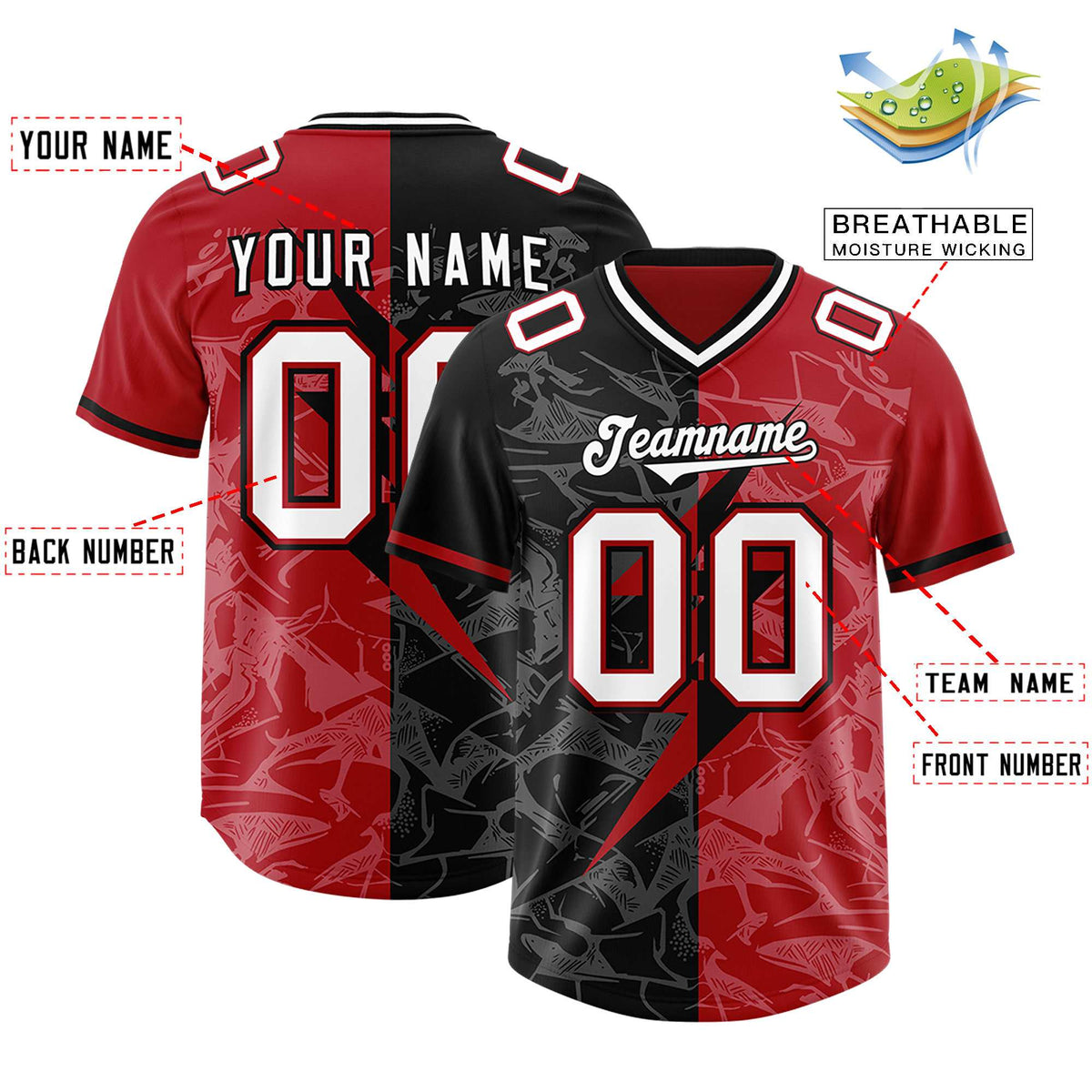Custom Black Red Split Personalized Lightning Pattern Football Jersey