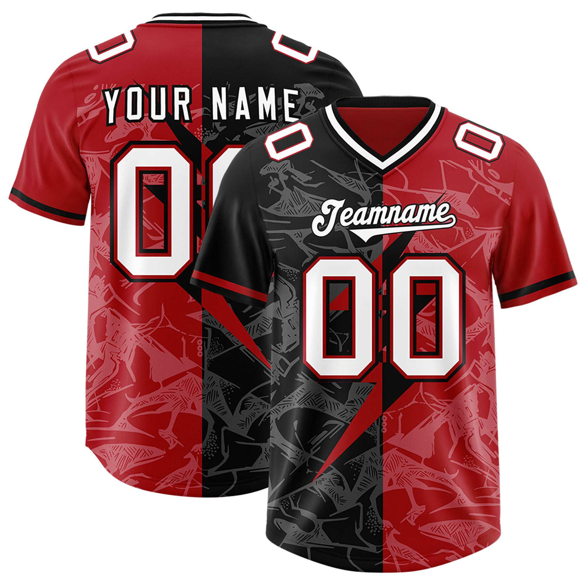 Custom Black Red Split Personalized Lightning Pattern Football Jersey