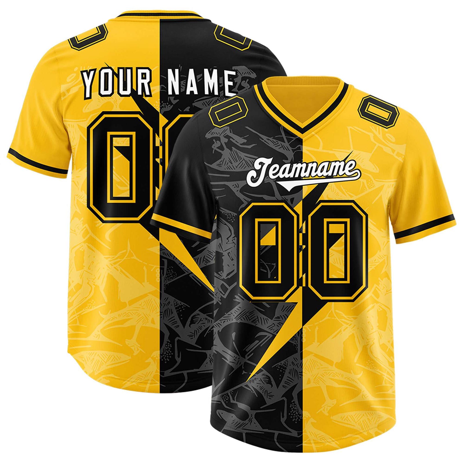 Custom Yellow Black Split Personalized Lightning Pattern Football Jersey