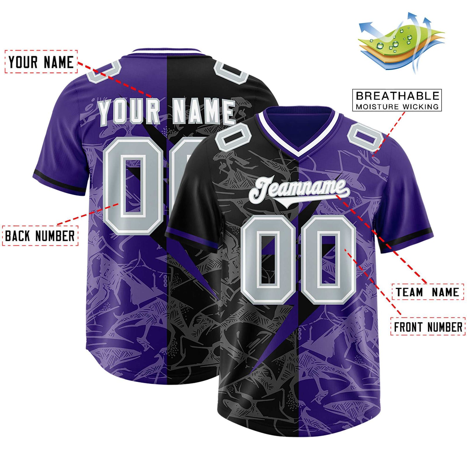 Custom Purple Black Split Personalized Lightning Pattern Football Jersey
