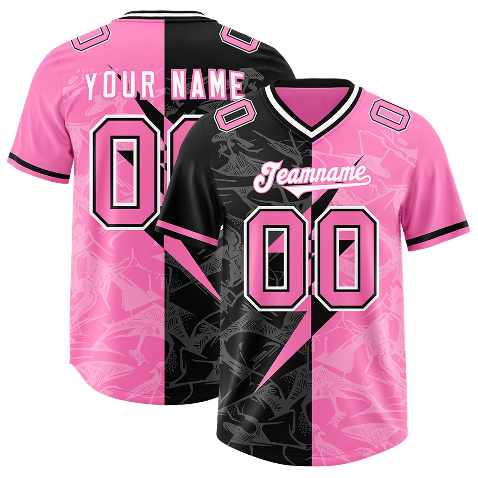 Custom Pink Black Split Personalized Lightning Pattern Football Jersey