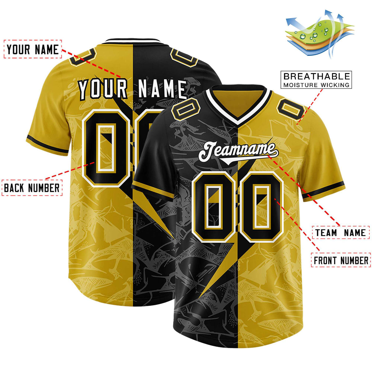 Custom Old Gold Black Split Personalized Lightning Pattern Football Jersey