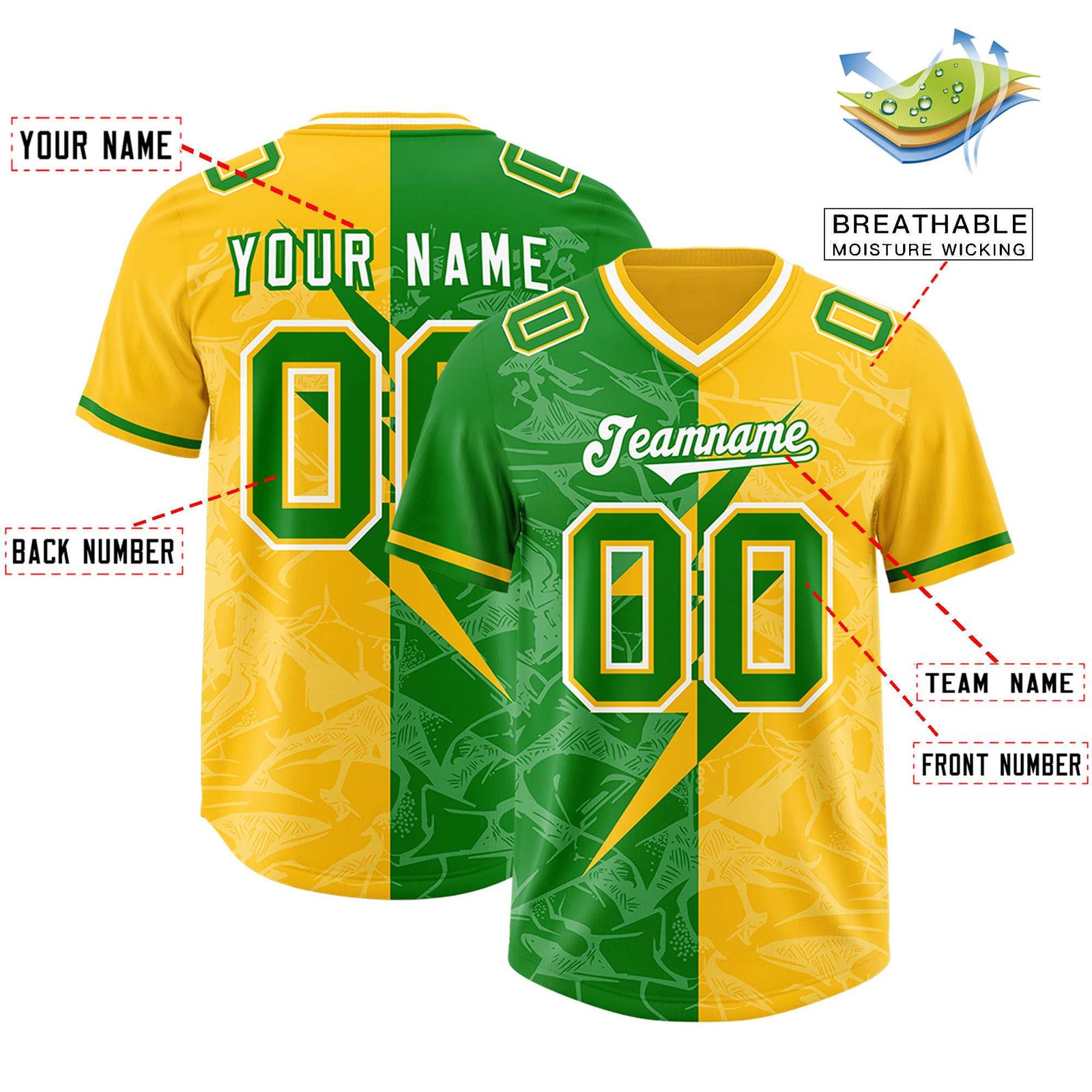 Custom Kelly Green Yellow Split Personalized Lightning Pattern Football Jersey