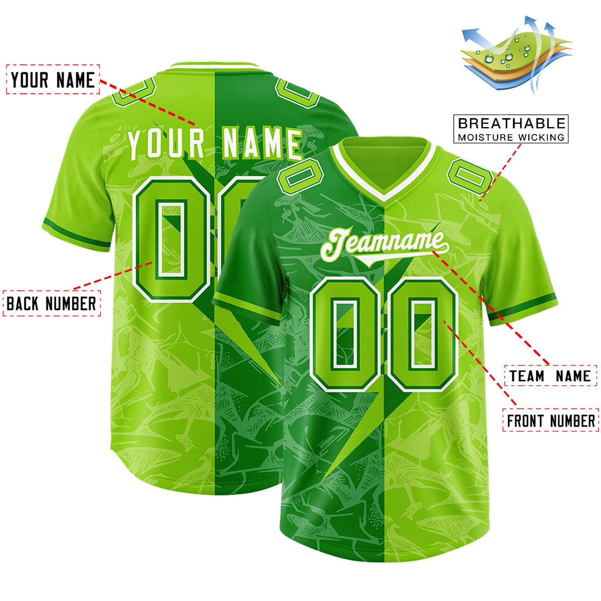 Custom Neon Green Kelly Green Split Personalized Lightning Pattern Football Jersey