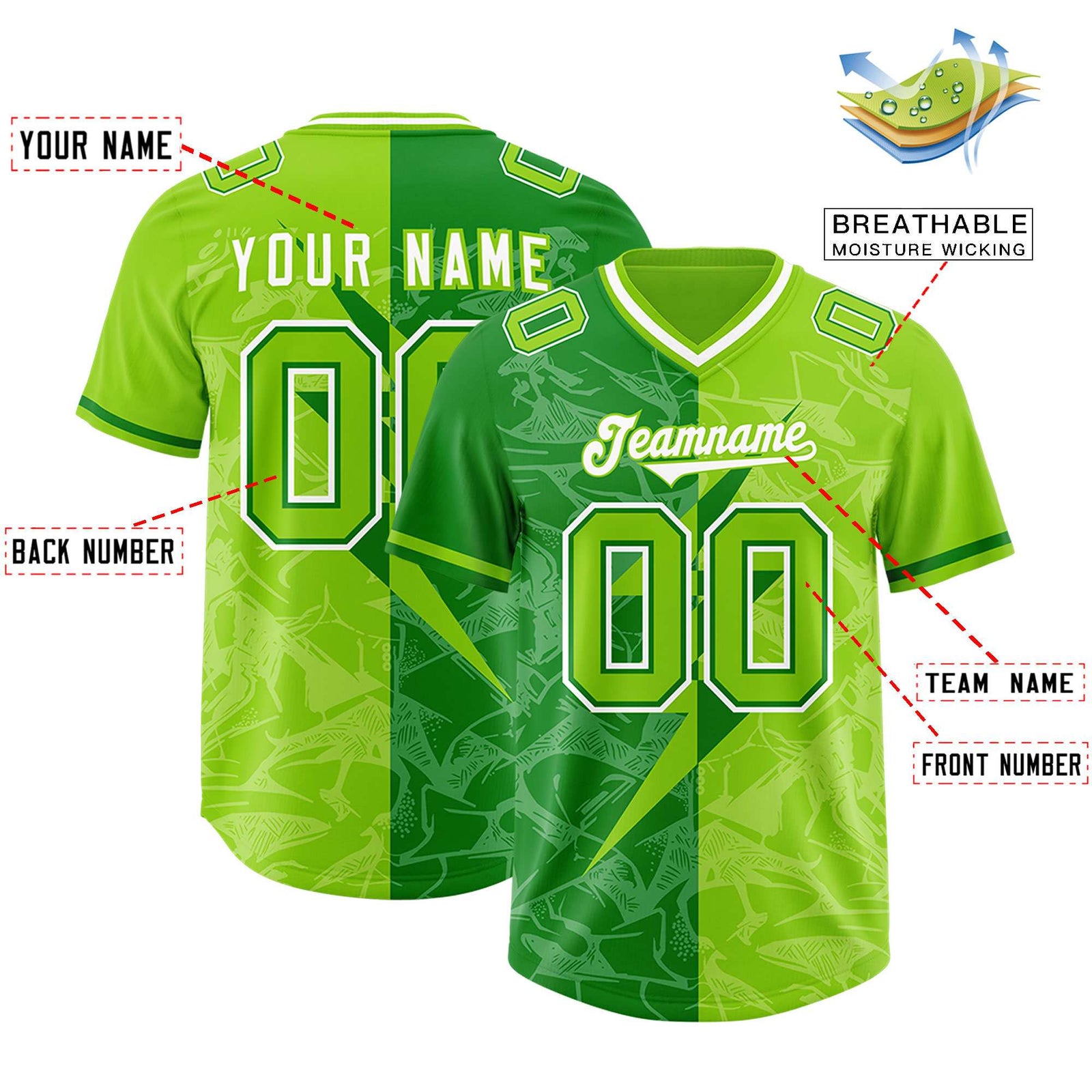 Custom Neon Green Kelly Green Split Personalized Lightning Pattern Football Jersey