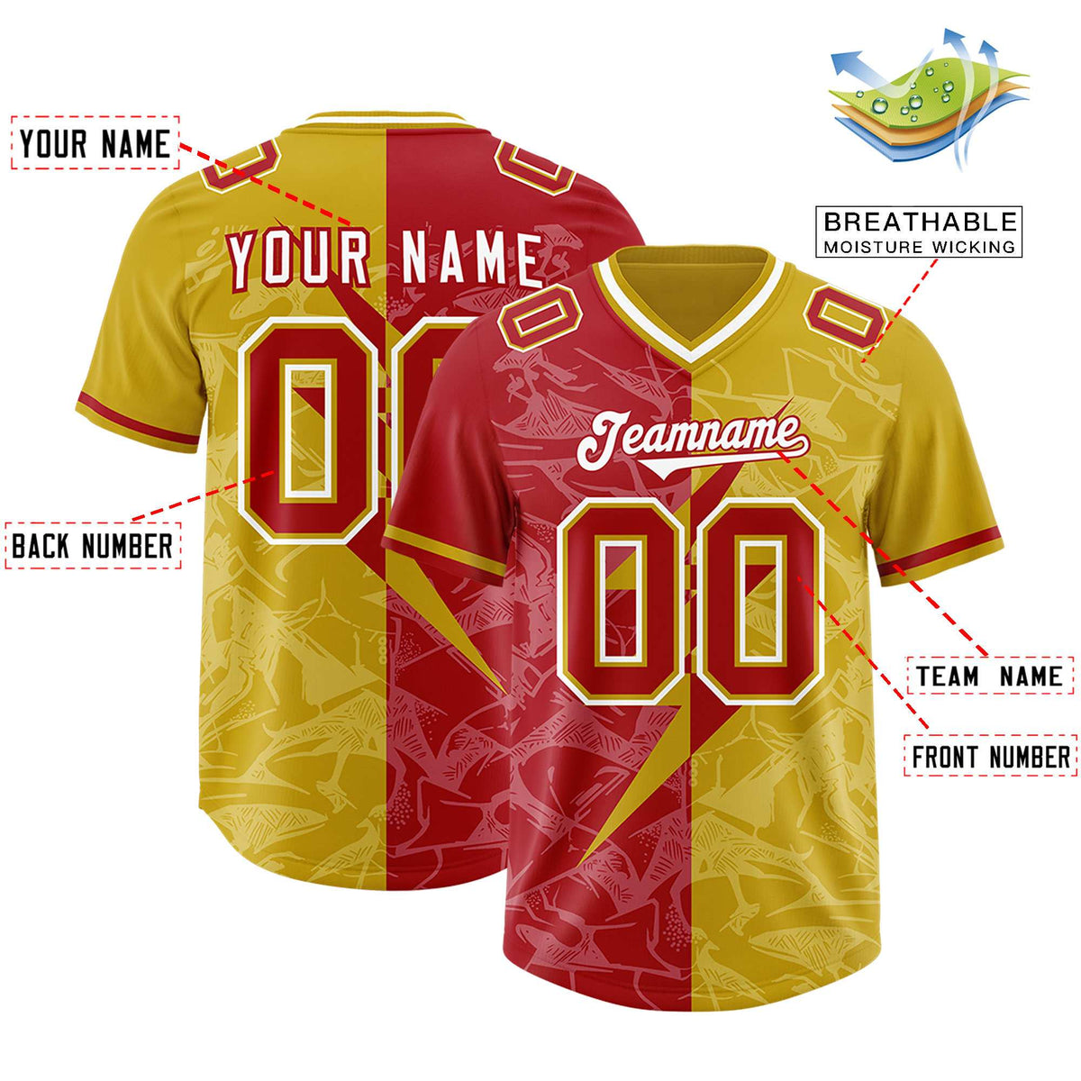 Custom Old Gold Red Split Personalized Lightning Pattern Football Jersey