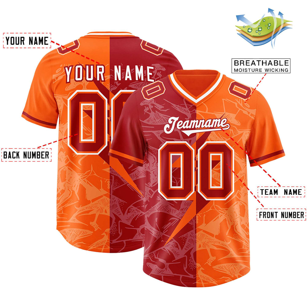 Custom Red Orange Split Personalized Lightning Pattern Football Jersey