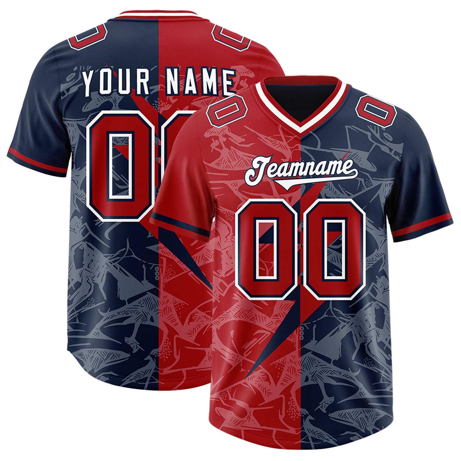 Custom Navy Red Split Personalized Lightning Pattern Football Jersey